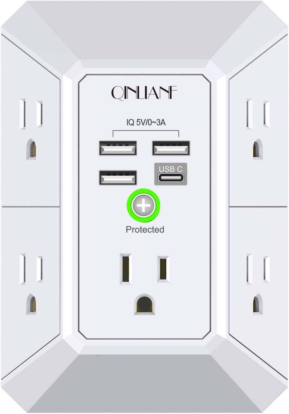 Wall Charger, Surge Protector, QINLIANF 5 Outlet Extender with 4 USB Charging Ports, 3-Sided 1680J Power Strip Multi Plug Adapter Spaced for Home Travel Office