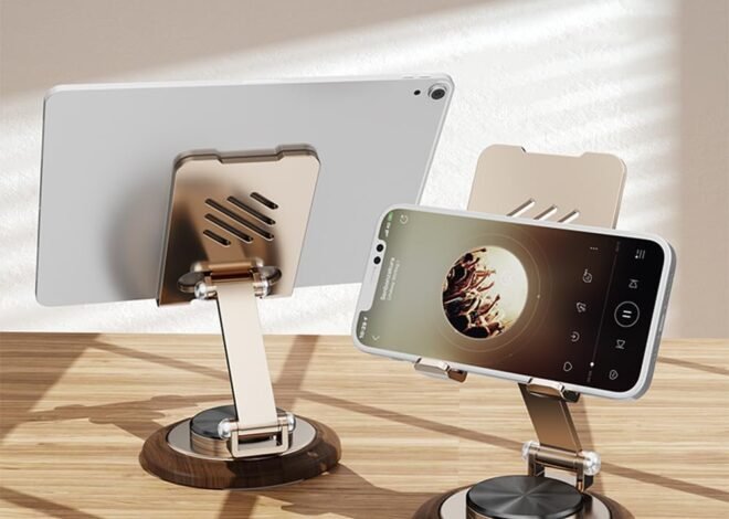 Dual Folding Phone Desk Stand, Adjustable Cell Phone Stand Accessories, 360°Rotating Phone Holder for Desk, with Wooden Disc Base, for iPhone 16 15 14 13 12 Pro Max and All Smart Phones (Gold)