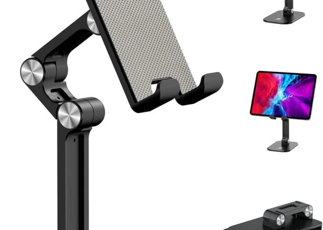 OCYCLONE Phone Stand, Adjustable Height and Angle Foldable Cell Phone Stand Holder for Desk, Taller iPhone Stand Compatible with 4.7″-13″ Smartphones iPad Tablet, Black