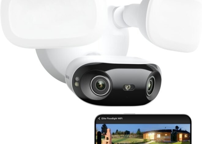 REOLINK Elite Floodlight WiFi, 4K 8MP 180° Panoramic Wired Floodlight Camera, Adjustable 3000 Lumens, Local AI Video Search, Dual-Band Wi-Fi 6, 24/7 Recording, No Monthly Fees, 100~240V AC Hardwired