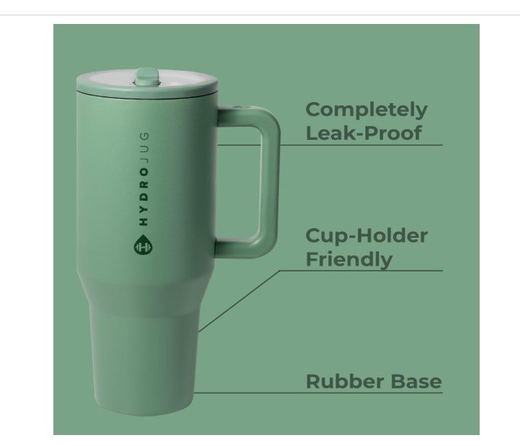 Sage green HydroJug tumbler with handle and feature callouts.