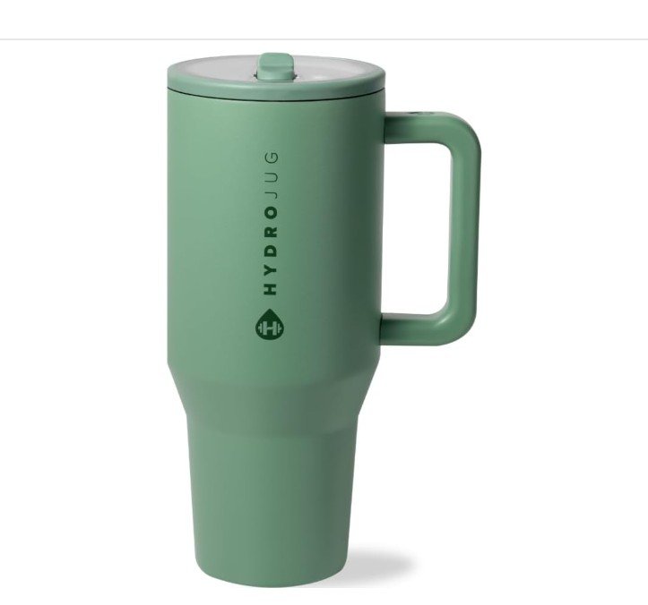 Sage green HydroJug insulated tumbler with handle and lid.