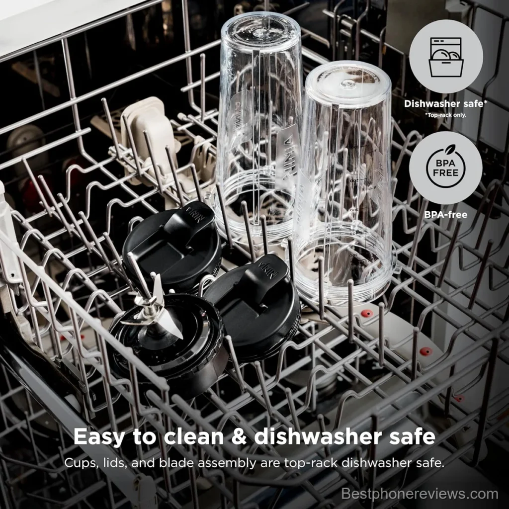 Ninja blender cups and blades in a dishwasher rack.