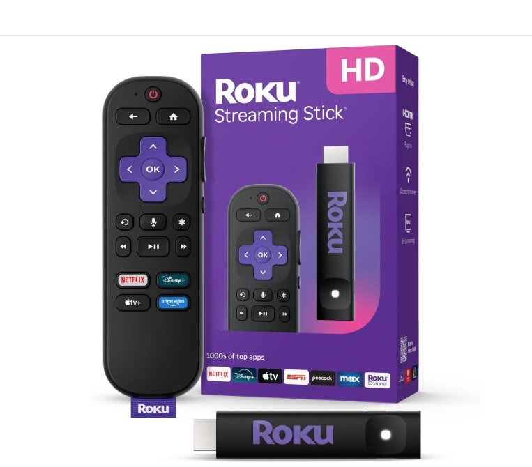 Roku Streaming Stick HD with remote and packaging box.