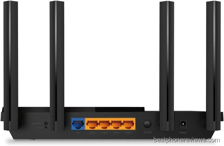 Rear view of a black four-antenna Wi-Fi router.