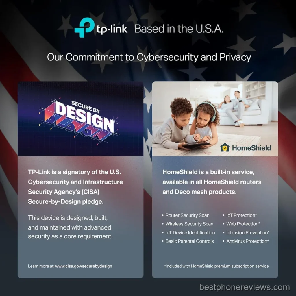 TP-Link infographic detailing cybersecurity commitment and HomeShield service features.
