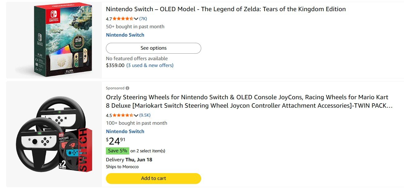 Product listings for Nintendo Switch OLED and racing wheel accessories.