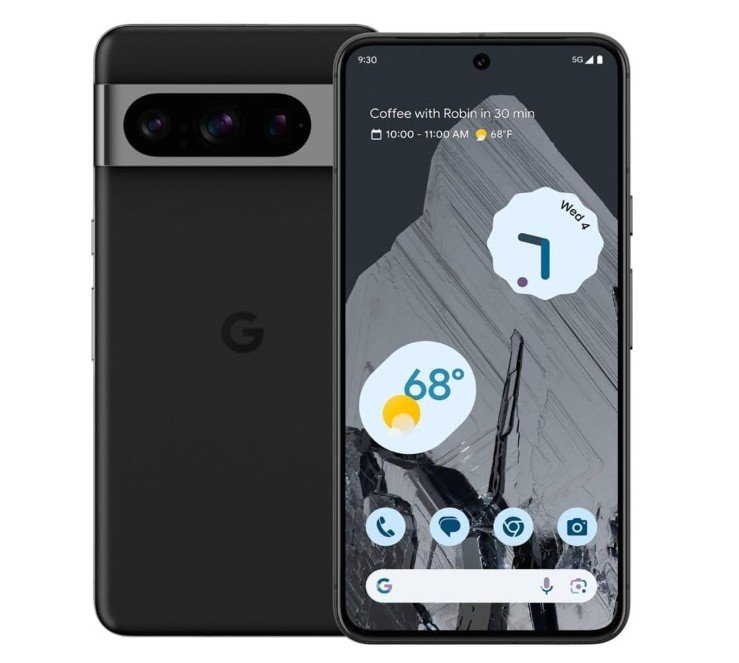 Front and back view of a black Google Pixel 8 Pro.