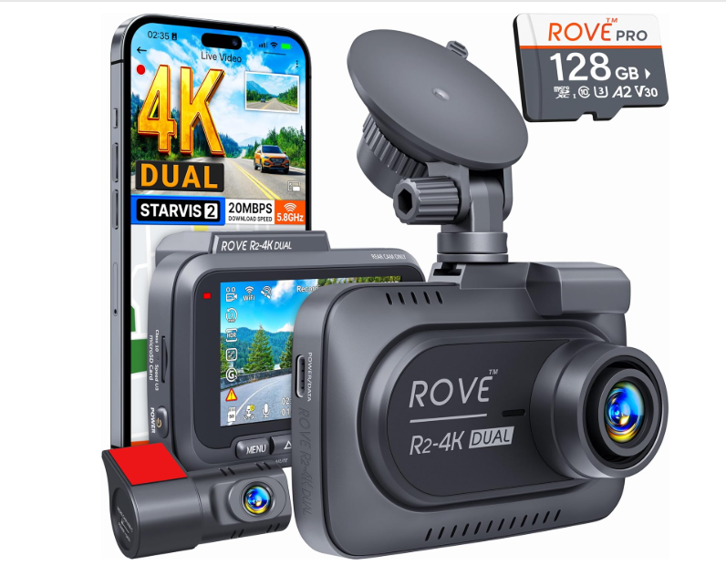 ROVE R2-4K Dual dash cam, rear camera, and SD card.
